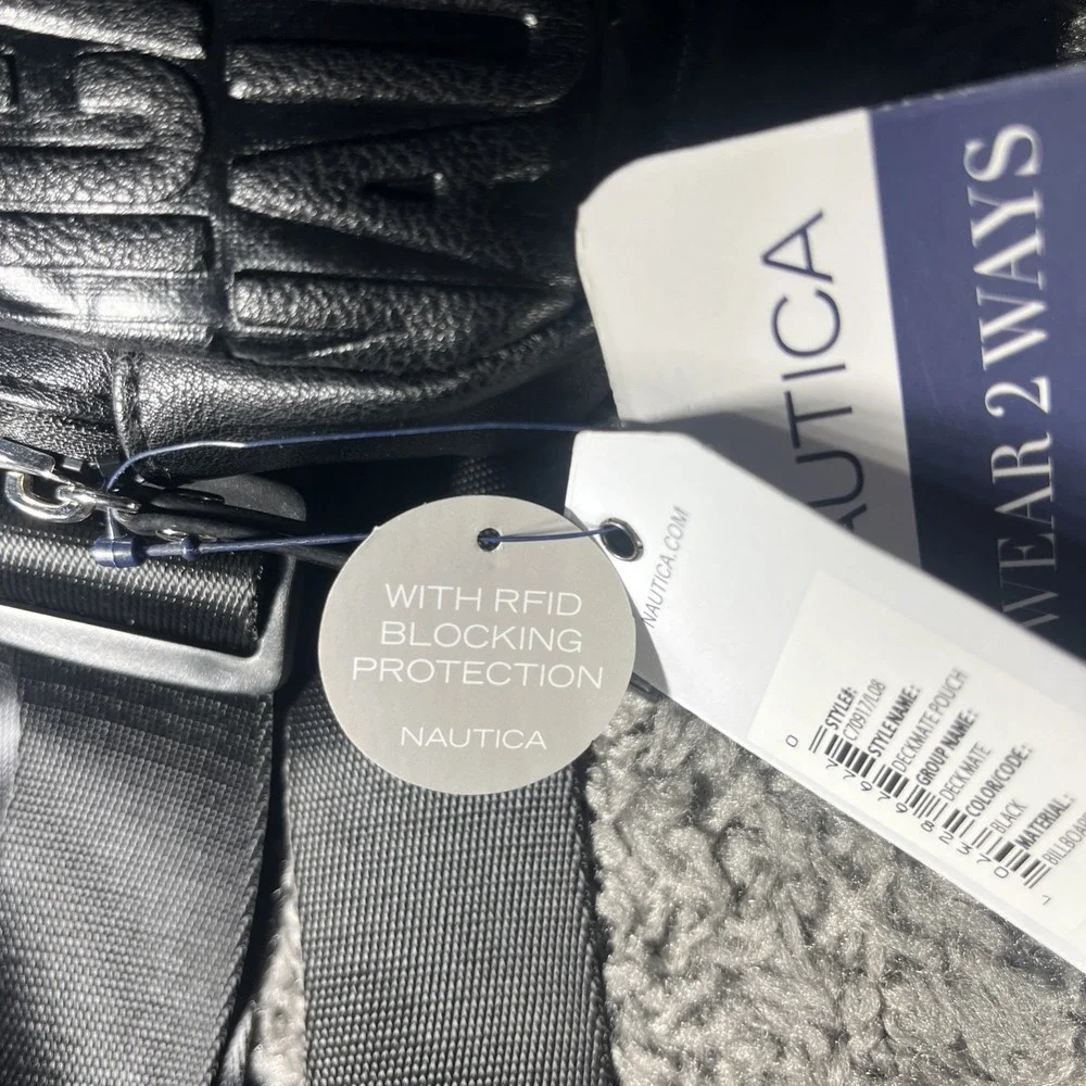 Nautica Deckmate Pouch Black Embossed Logo RFID Crossbody Belt Bag New With Tags